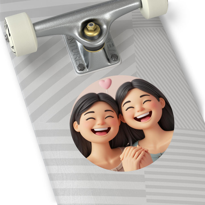 Custom Round Vinyl Sticker – 3D Cartoon Smiling Girls, Waterproof & Trendy