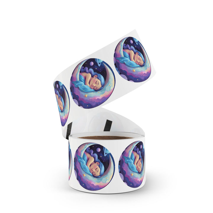 Dreamy Moon Girl Round Sticker Labels – Durable, Glossy, Celestial Rolls