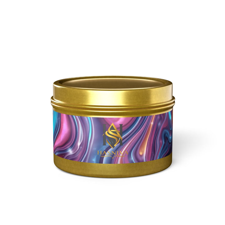 Handcrafted Iridescent Tin Candle – Luxe Soy, Custom Swirl Design, Gift-Ready