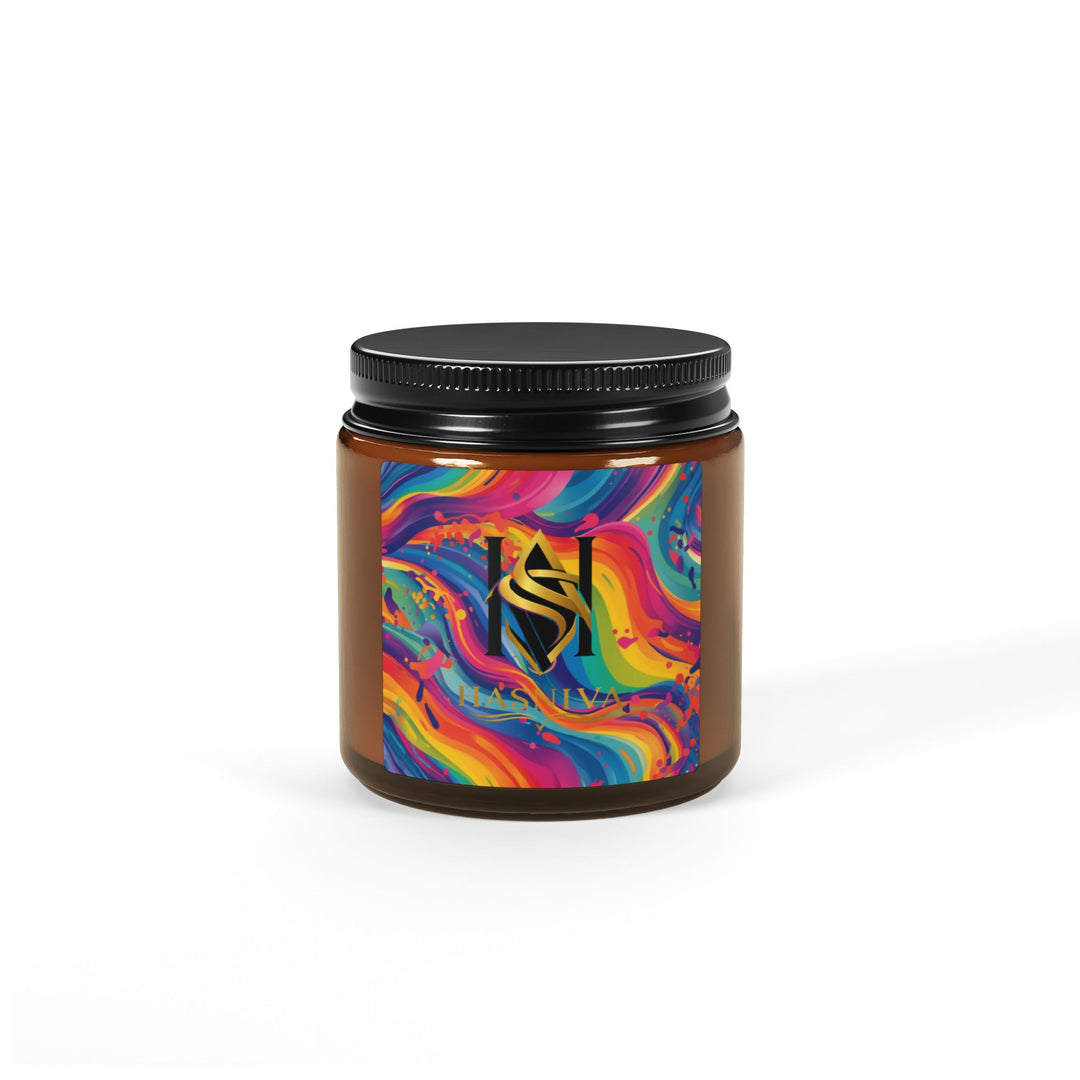 Rainbow Swirl Scented Soy Candle – Amber Jar, 2 Sizes, Artistic Décor