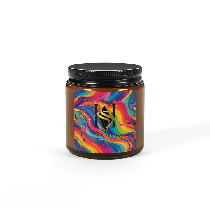 Rainbow Swirl Scented Soy Candle – Amber Jar, 2 Sizes, Artistic Décor