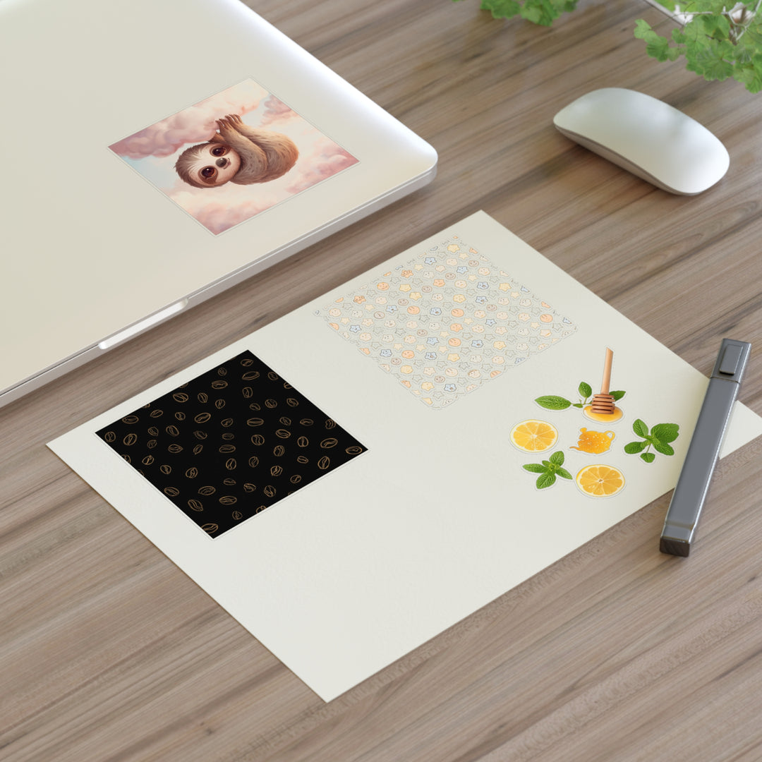 Custom Vinyl Sticker Sheets – Coffee, Cute Sloths, Lemons & Pastel Faces