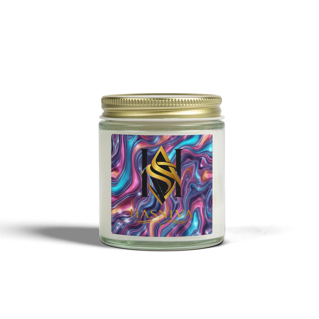 Hand-Poured Coconut Apricot Scented Candle – Iridescent Abstract Design