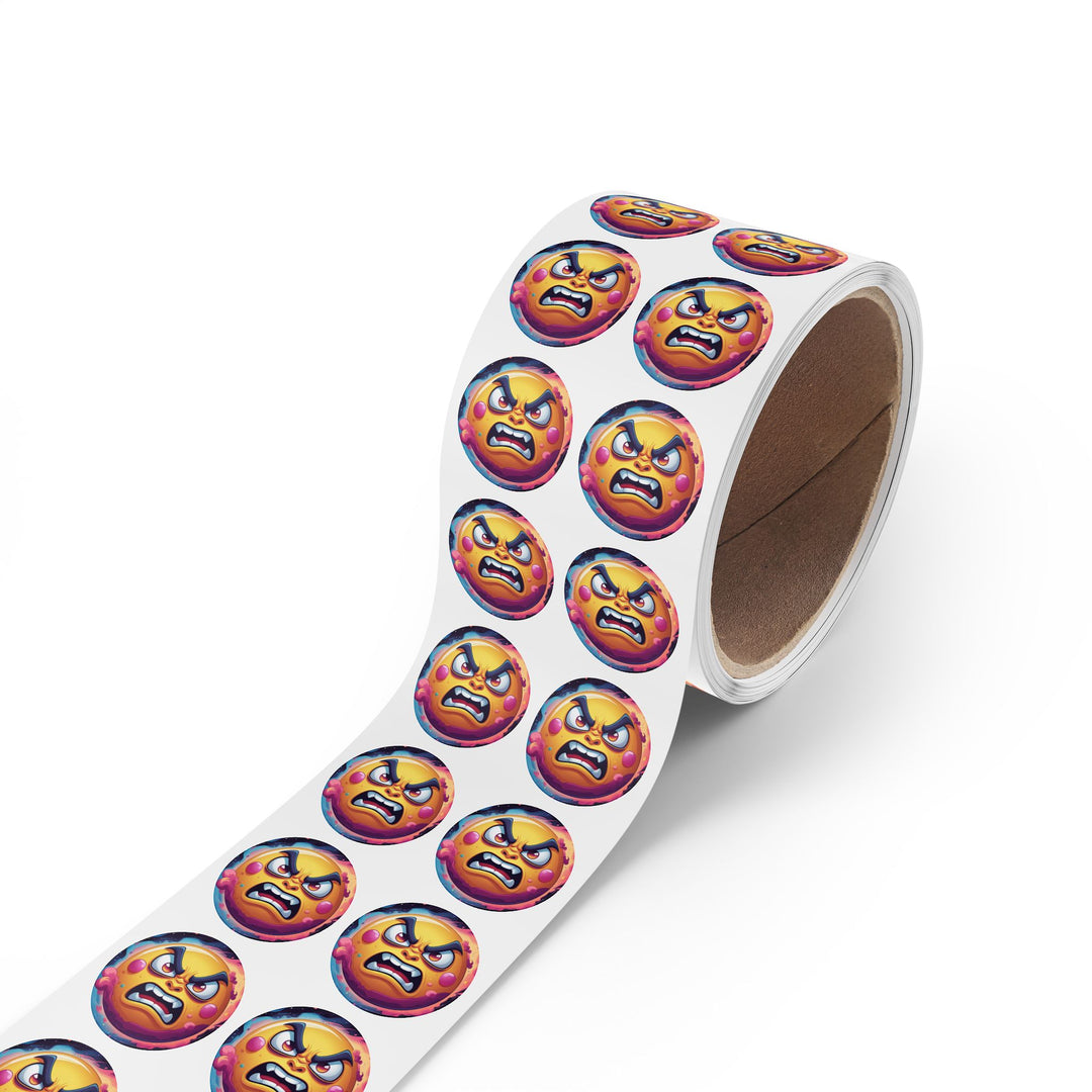 Round Sticker Label Roll – Angry Sun Space Theme, Durable, Fun & Glossy