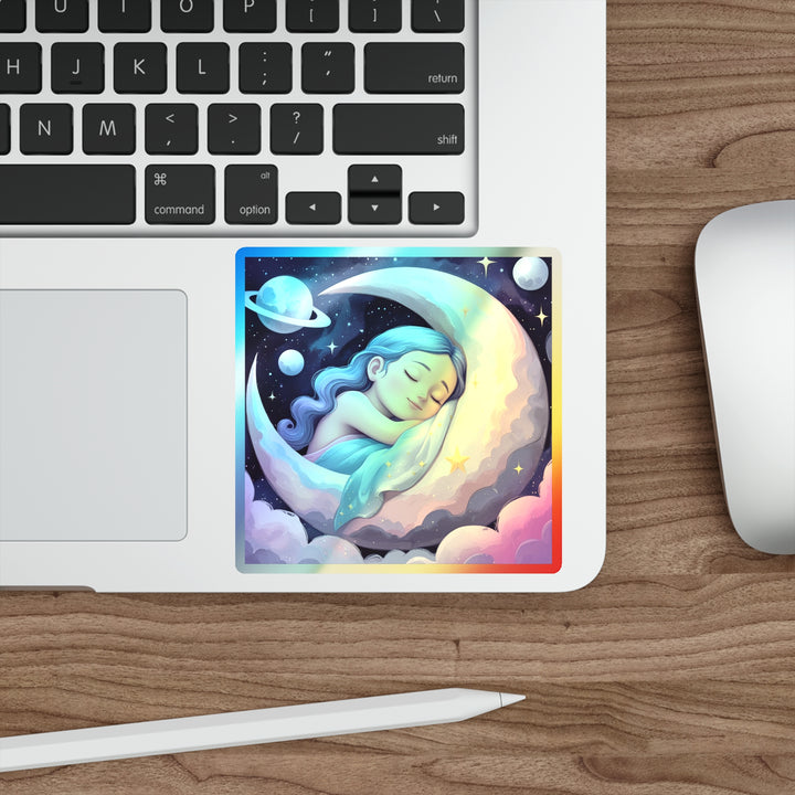 Holographic Die-Cut Sticker – Dreamy Girl on Moon, Celestial Pastel Vibes