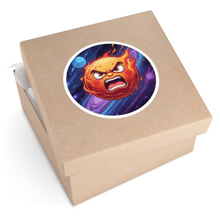 Fiery Cosmic Angry Sun Round Sticker – Durable Indoor/Outdoor Vinyl Decal