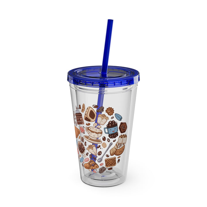Sunsplash 16oz Tumbler – Cute Café Cartoon Coffee & Dessert, Straw Included