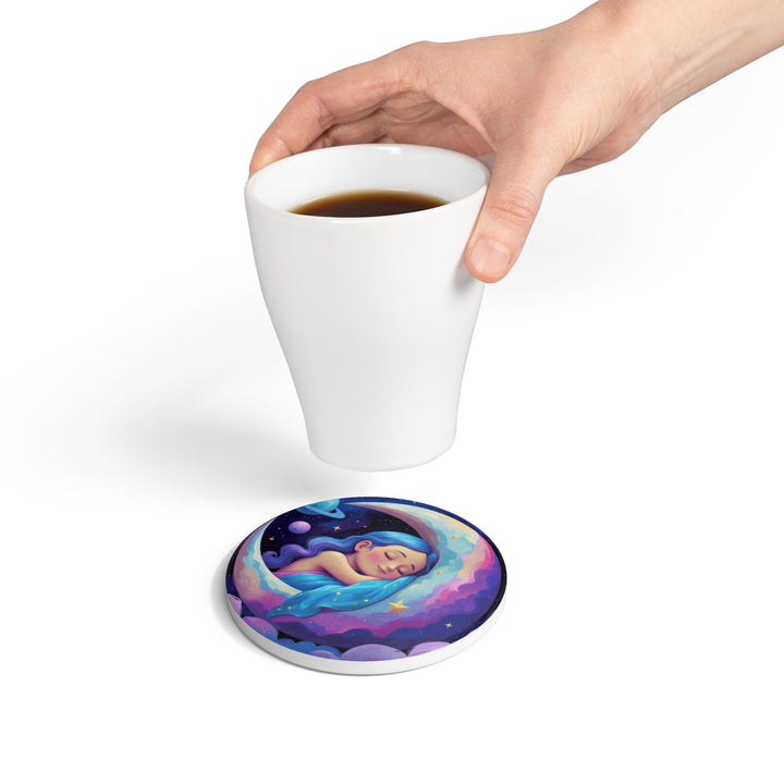Dreamy Moon Girl Ceramic Coaster – Whimsical Celestial Night Decor