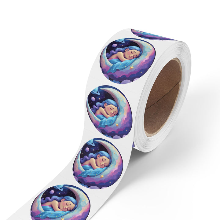 Dreamy Moon Girl Round Sticker Labels – Durable, Glossy, Celestial Rolls