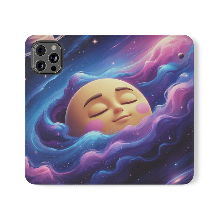 Dreamy Galaxy Flip Case – Cute Moon & Star Wallet Cover, Vegan Leather