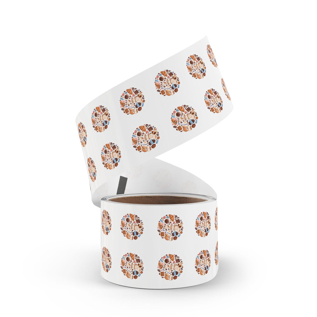 Coffee & Dessert Round Sticker Rolls – Durable, Cute Café Labels, 50-250ct