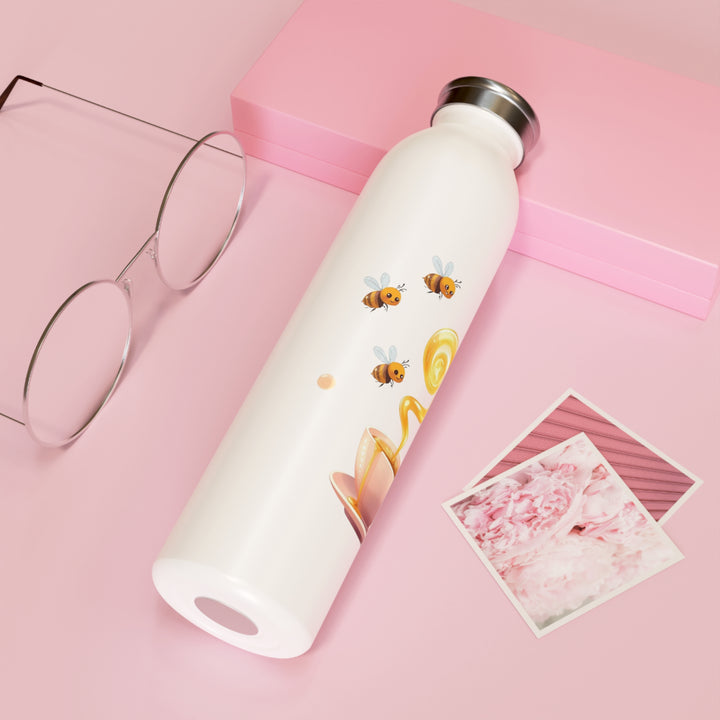 Slim Personalized Water Bottle – Cute Bees & Pink Teacup | 20oz Stylish, Eco-Friendly, Customizable Flask