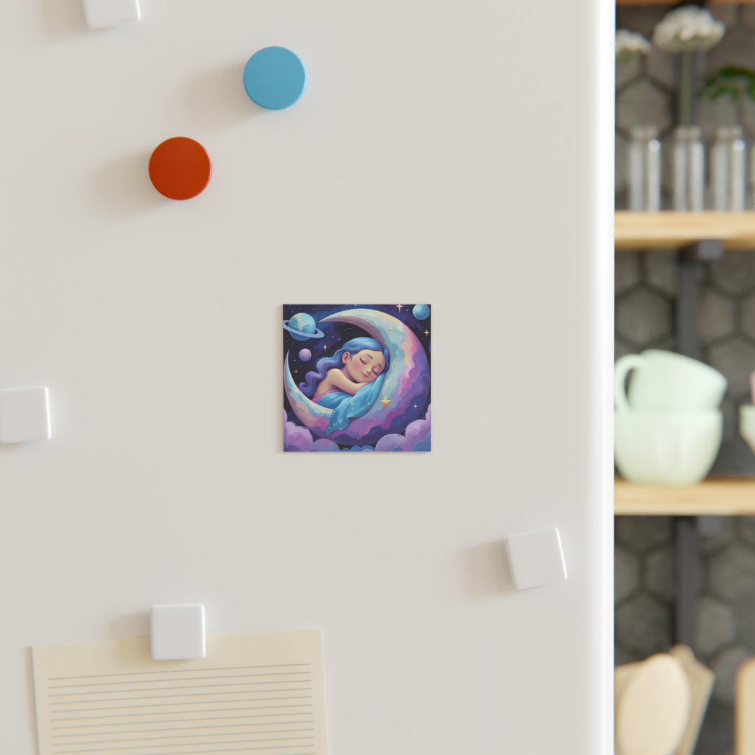 Personalized Square Magnet – Dreamy Girl on Moon, Custom Celestial Decor