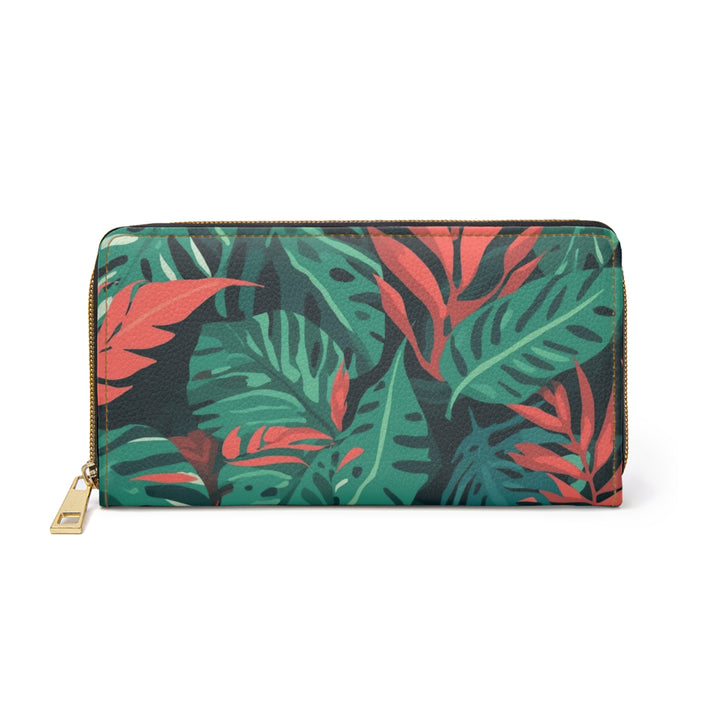 Sleek Personalized Zipper Wallet – Tropical Jungle Leaf Faux Leather Organizer