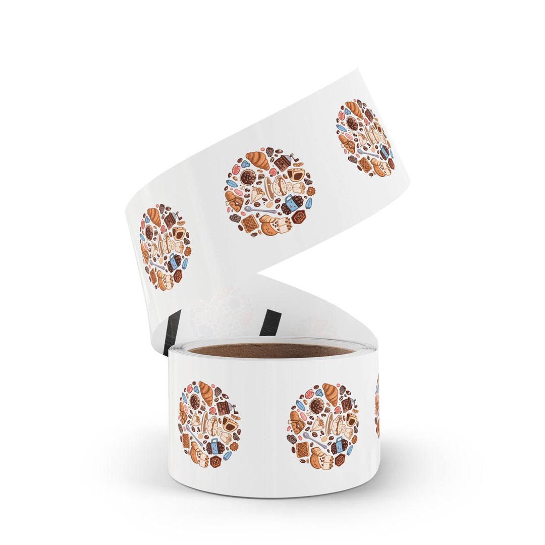 Coffee & Dessert Round Sticker Rolls – Durable, Cute Café Labels, 50-250ct