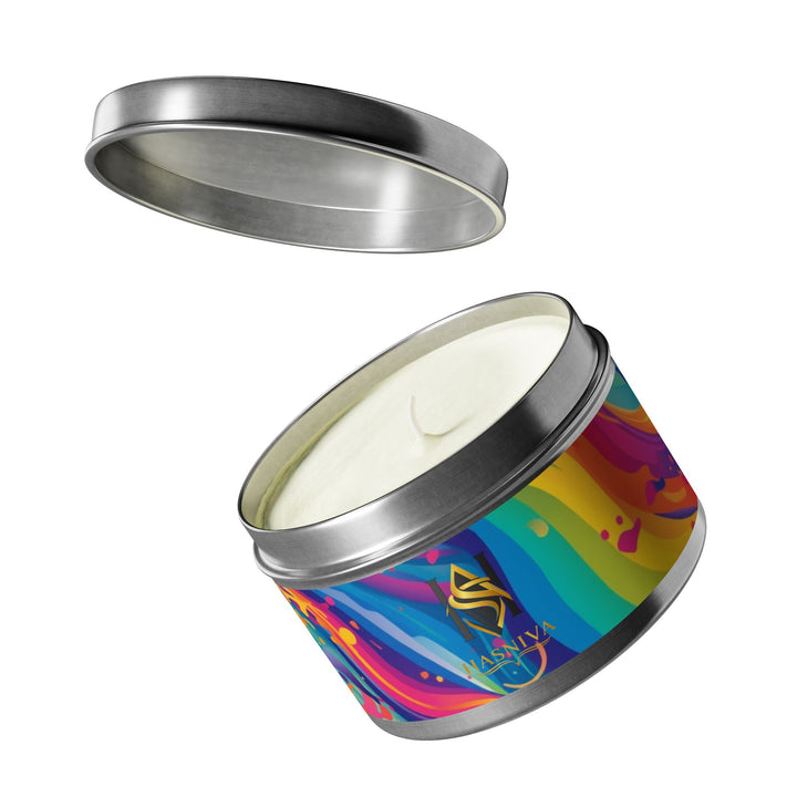 Hand-Poured Tin Candle – Vibrant Abstract Rainbow, Eco Coconut Soy, Gift-Ready