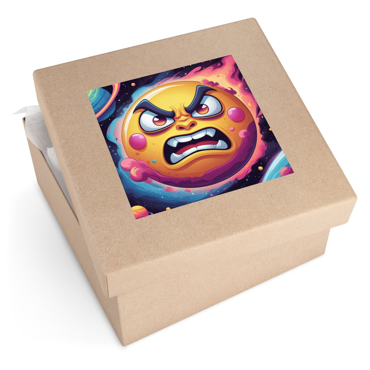 Cosmic Cartoon Angry Sun Laminate Square Sticker – Bold & Durable Art