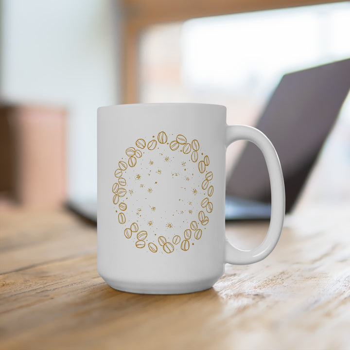 15oz Coffee Lover’s Ceramic Mug – Artistic Beans & Gold Accents, Trendy Gift