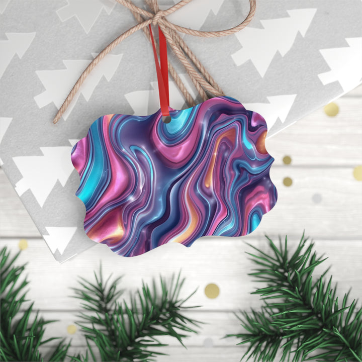 Abstract Iridescent Swirl Double-Sided Metal Ornament – Glossy Modern Decor