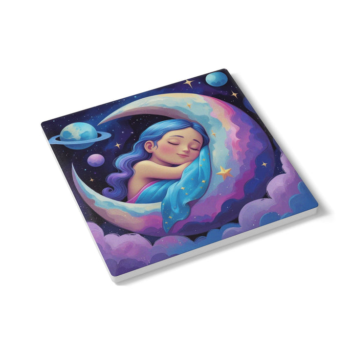 Dreamy Moon Girl Ceramic Coaster – Whimsical Celestial Night Decor