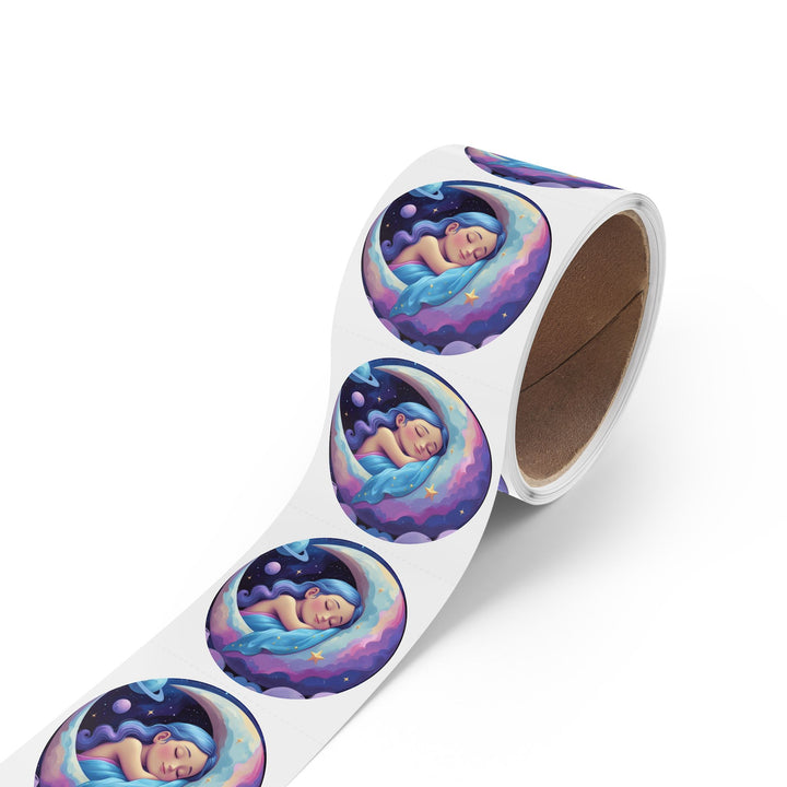 Dreamy Moon Girl Round Sticker Labels – Durable, Glossy, Celestial Rolls