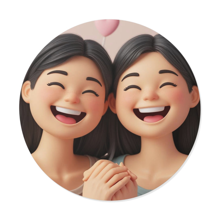 Custom Round Vinyl Sticker – 3D Cartoon Smiling Girls, Waterproof & Trendy