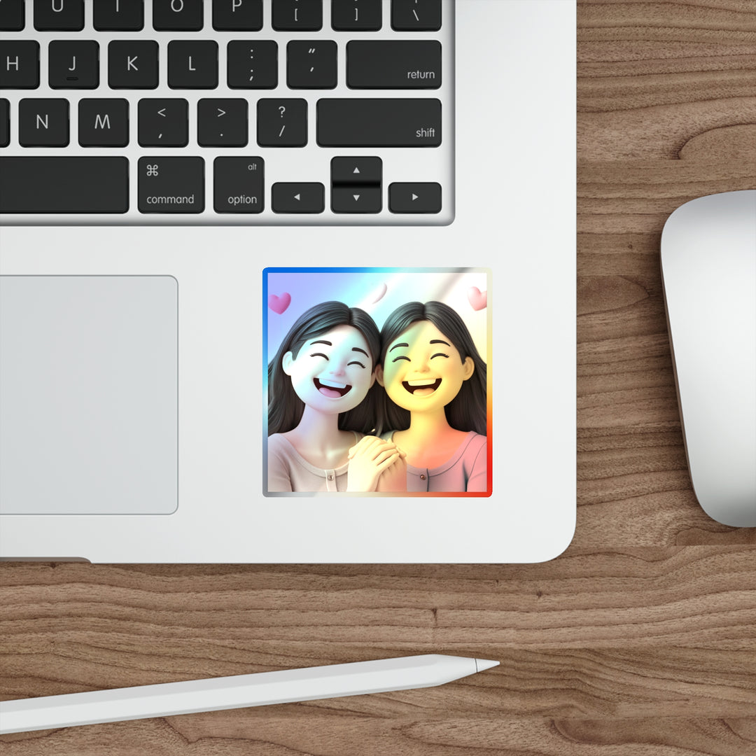 Holographic Die-Cut Sticker – Cute Cartoon Friends, Trendy Iridescent Shine