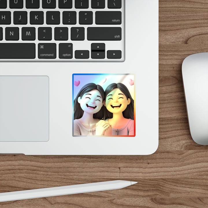 Holographic Die-Cut Sticker – Cute Cartoon Friends, Trendy Iridescent Shine