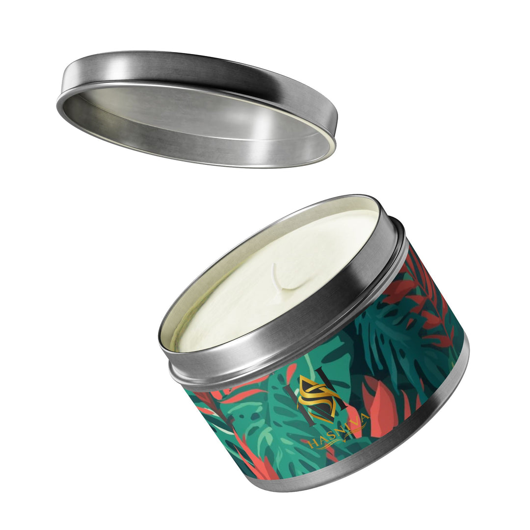 Handcrafted Tin Candles – Tropical Leaf Design, Custom Scents, Gift-Ready