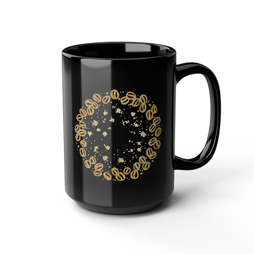 Modern Black Ceramic Mug – Hand-Drawn Coffee Beans & Gold Floral (11oz/15oz)