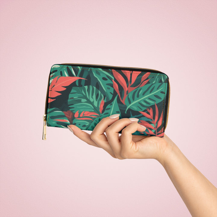 Sleek Personalized Zipper Wallet – Tropical Jungle Leaf Faux Leather Organizer