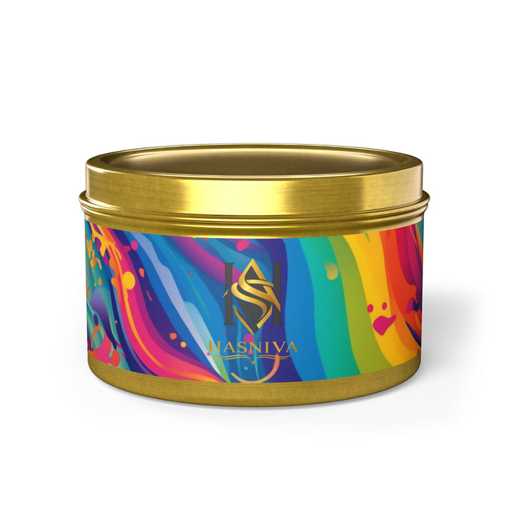 Hand-Poured Tin Candle – Vibrant Abstract Rainbow, Eco Coconut Soy, Gift-Ready