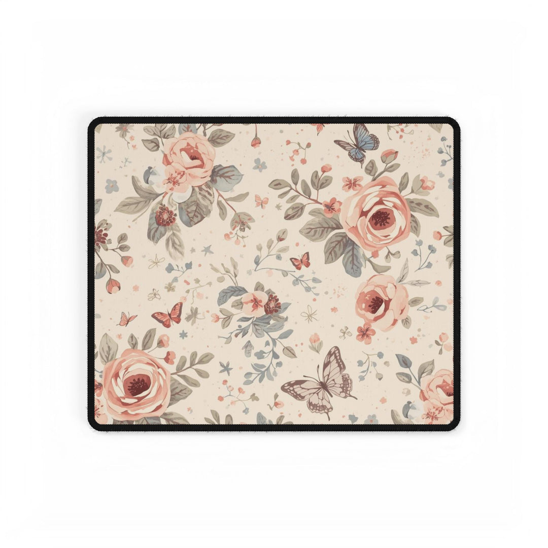 Premium Floral Desk Mat – Elegant Pastel Roses & Butterflies, Non-Slip, Waterproof