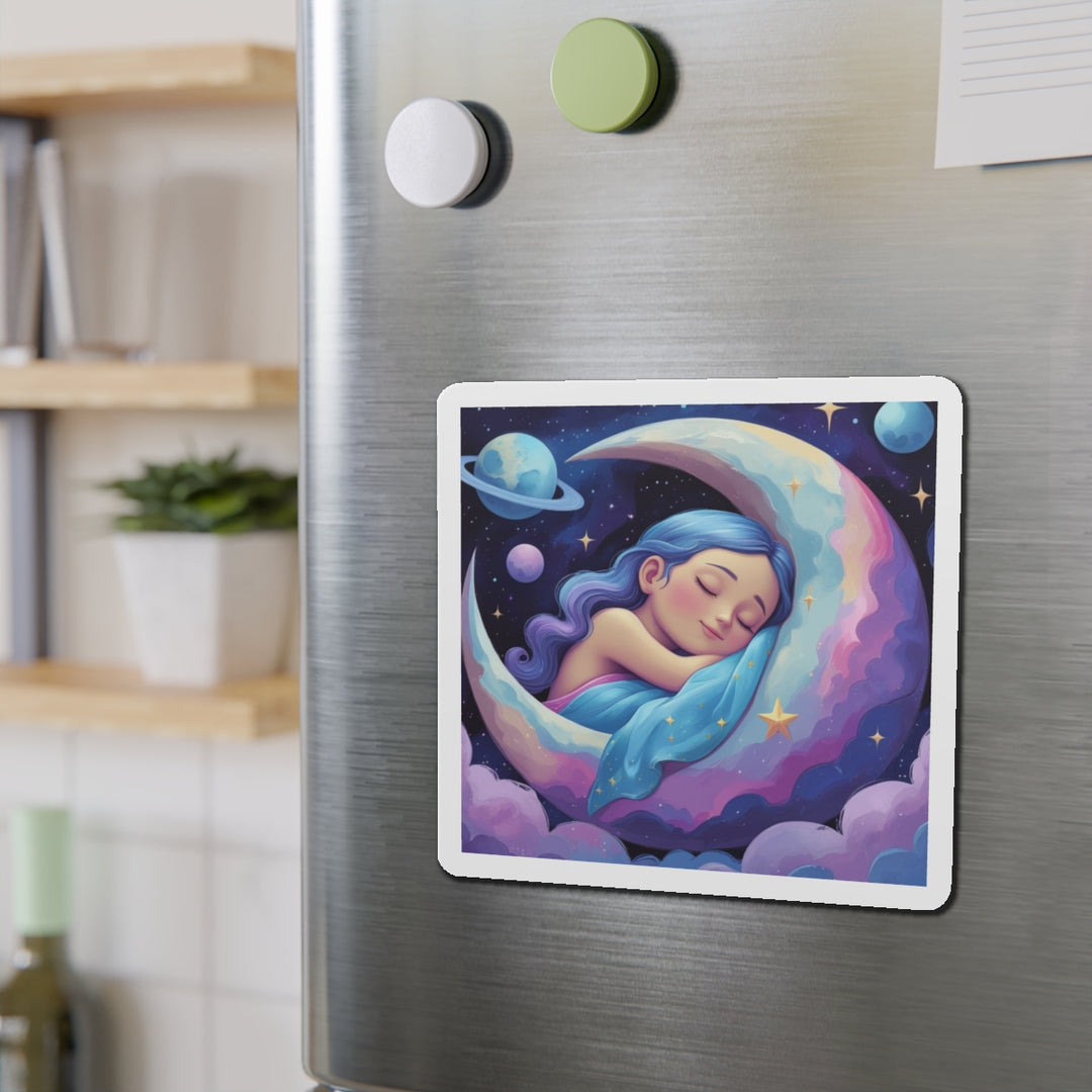 Custom Die-Cut Magnet – Dreamy Girl on Moon, Whimsical Celestial Decor