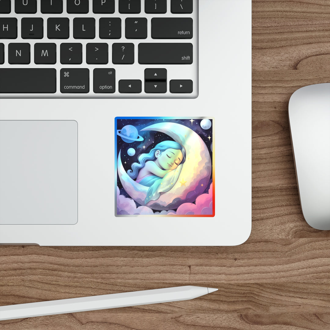 Holographic Die-Cut Sticker – Dreamy Girl on Moon, Celestial Pastel Vibes