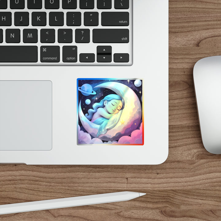 Holographic Die-Cut Sticker – Dreamy Girl on Moon, Celestial Pastel Vibes
