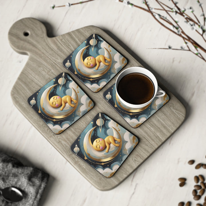 Whimsical Baby Moon & Stars Coasters – Cute Nursery Decor, Set of 4