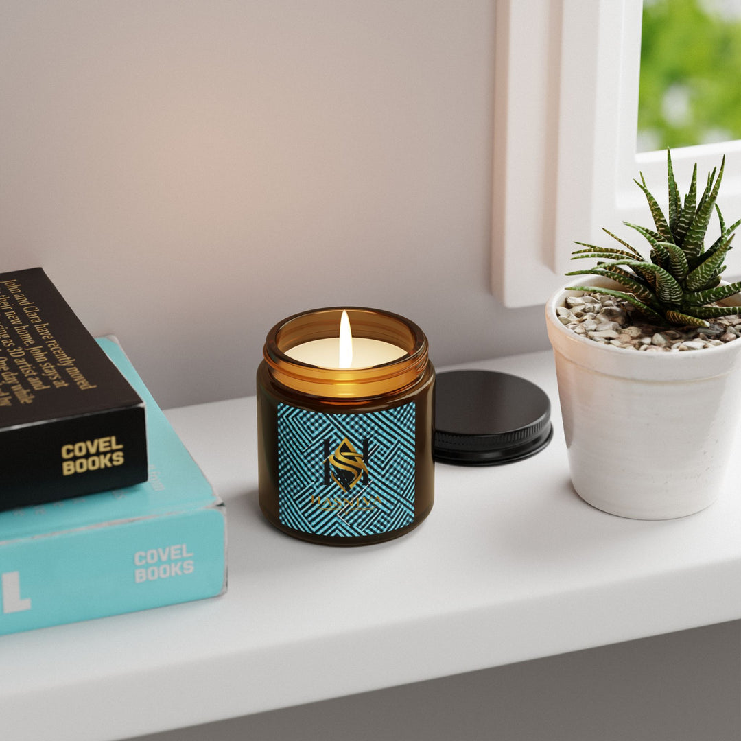 Scented Soy Candle – Amber Jar | Modern Geometric Aqua Grid | 4oz/9oz