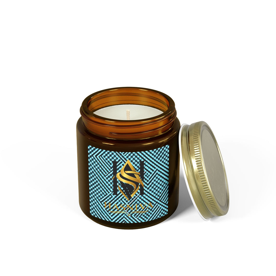Hand-Poured Coconut Apricot Scented Candle – Futuristic Aqua Grid Design
