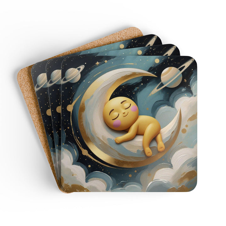 Whimsical Celestial Corkwood Coaster Set – Cute Moon & Stars Nursery Decor