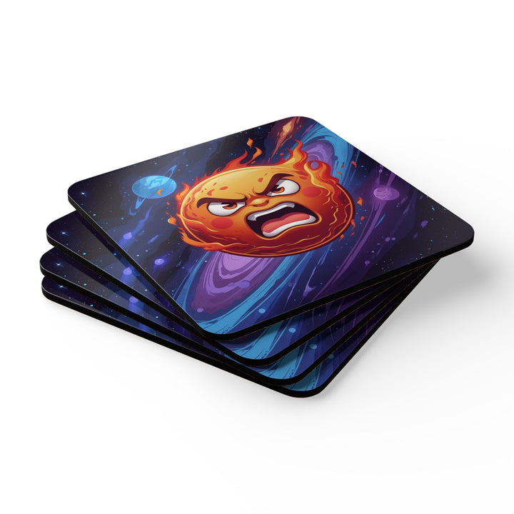 Fiery Cosmic Sun Corkwood Coaster Set – Bold Cartoon Space Table Decor