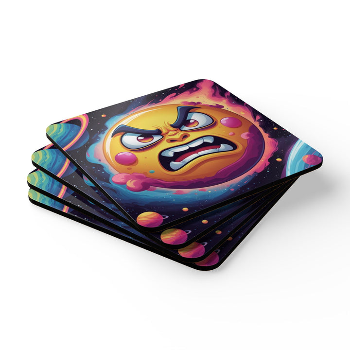 Angry Sun Space Corkwood Coaster Set – Fun Cosmic Decor, Eco & Stylish!