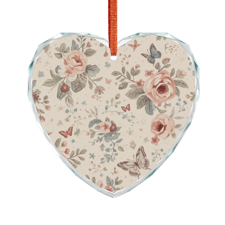 Crystal Glass Ornament – Vintage Floral Roses & Butterflies, Heart/Round