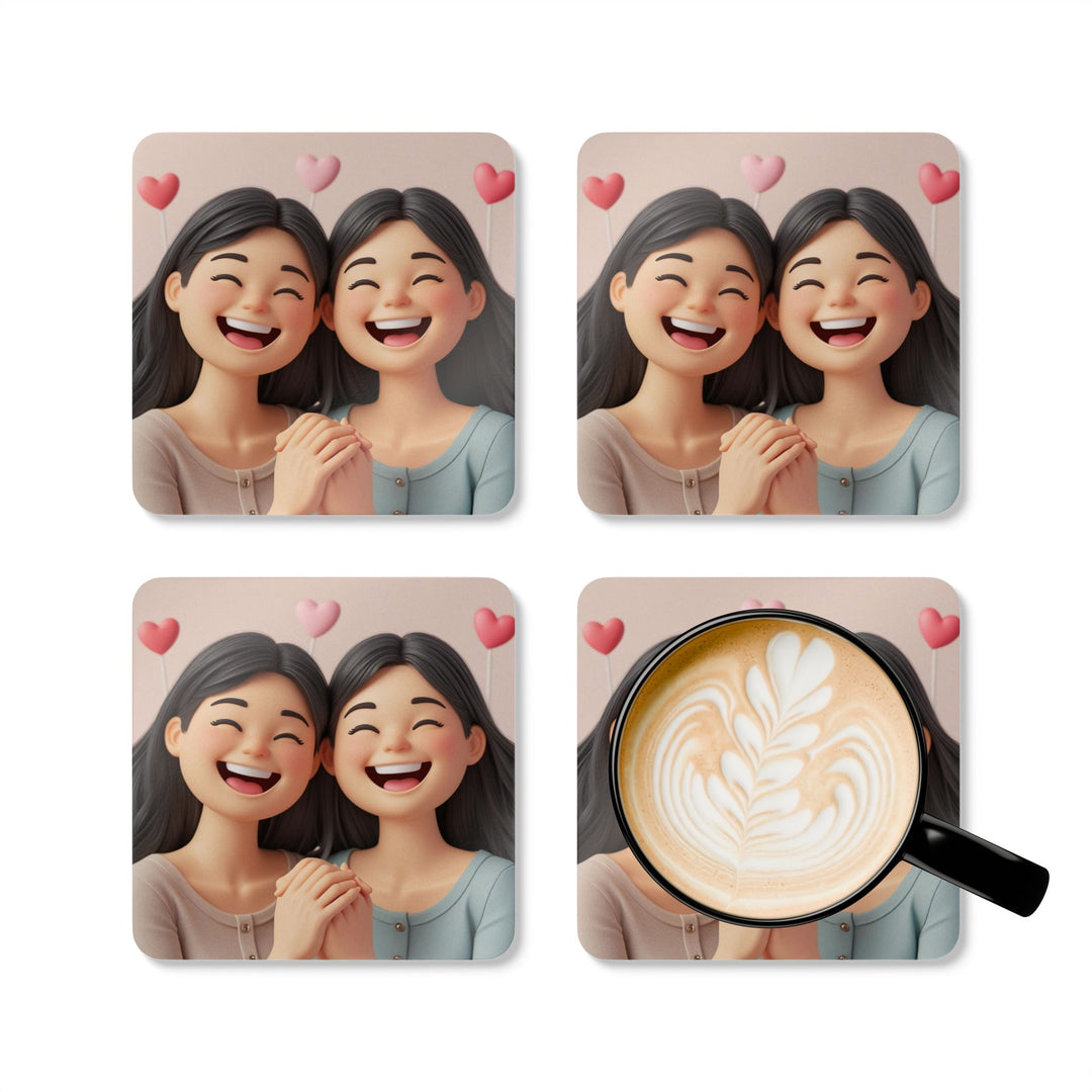 Cartoon Girls Friendship Corkwood Coaster Set – Cute, High-Gloss, Giftable