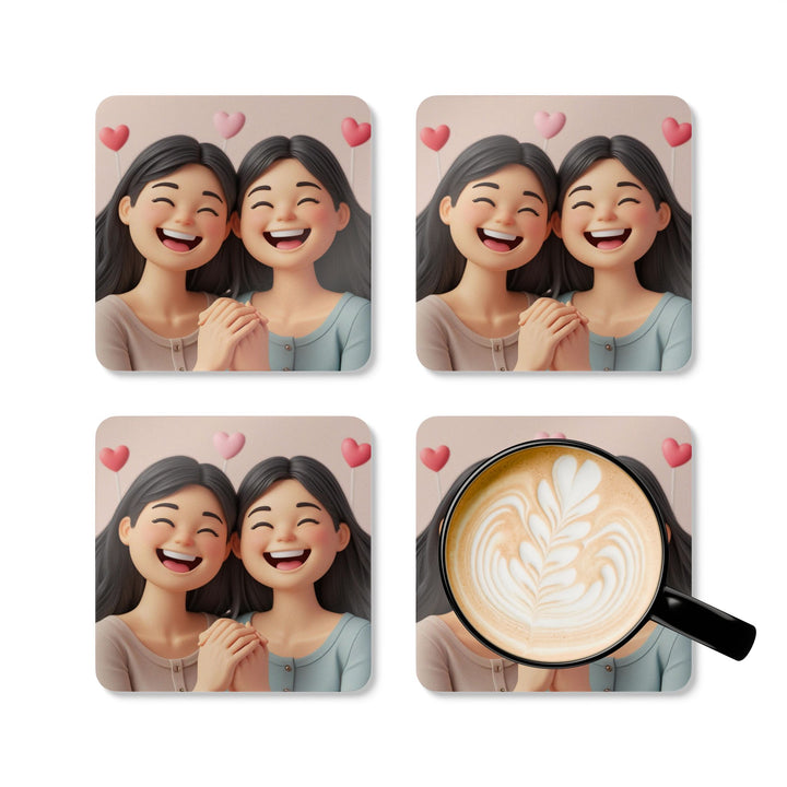 Cartoon Girls Friendship Corkwood Coaster Set – Cute, High-Gloss, Giftable