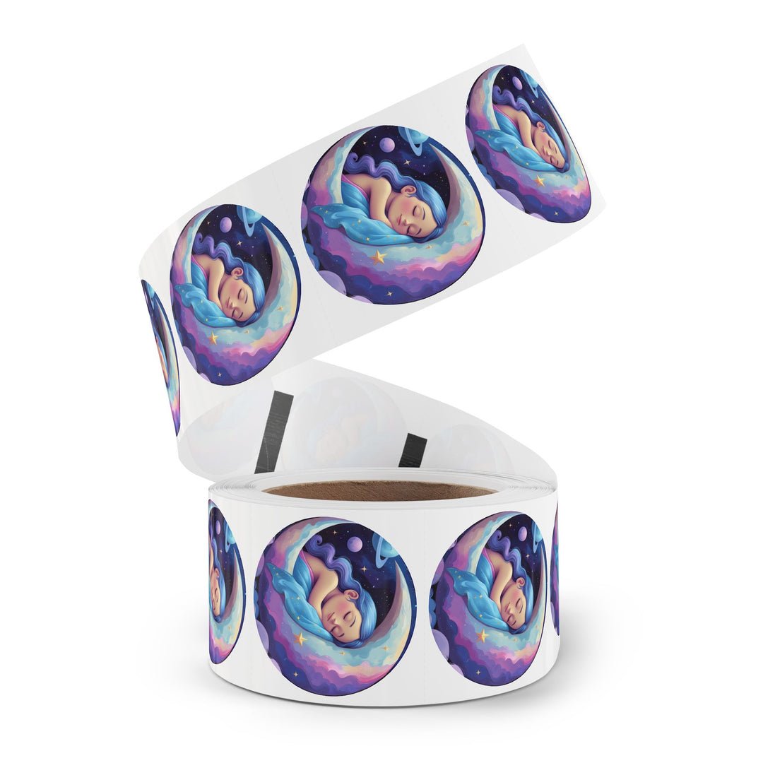 Dreamy Moon Girl Round Sticker Labels – Durable, Glossy, Celestial Rolls