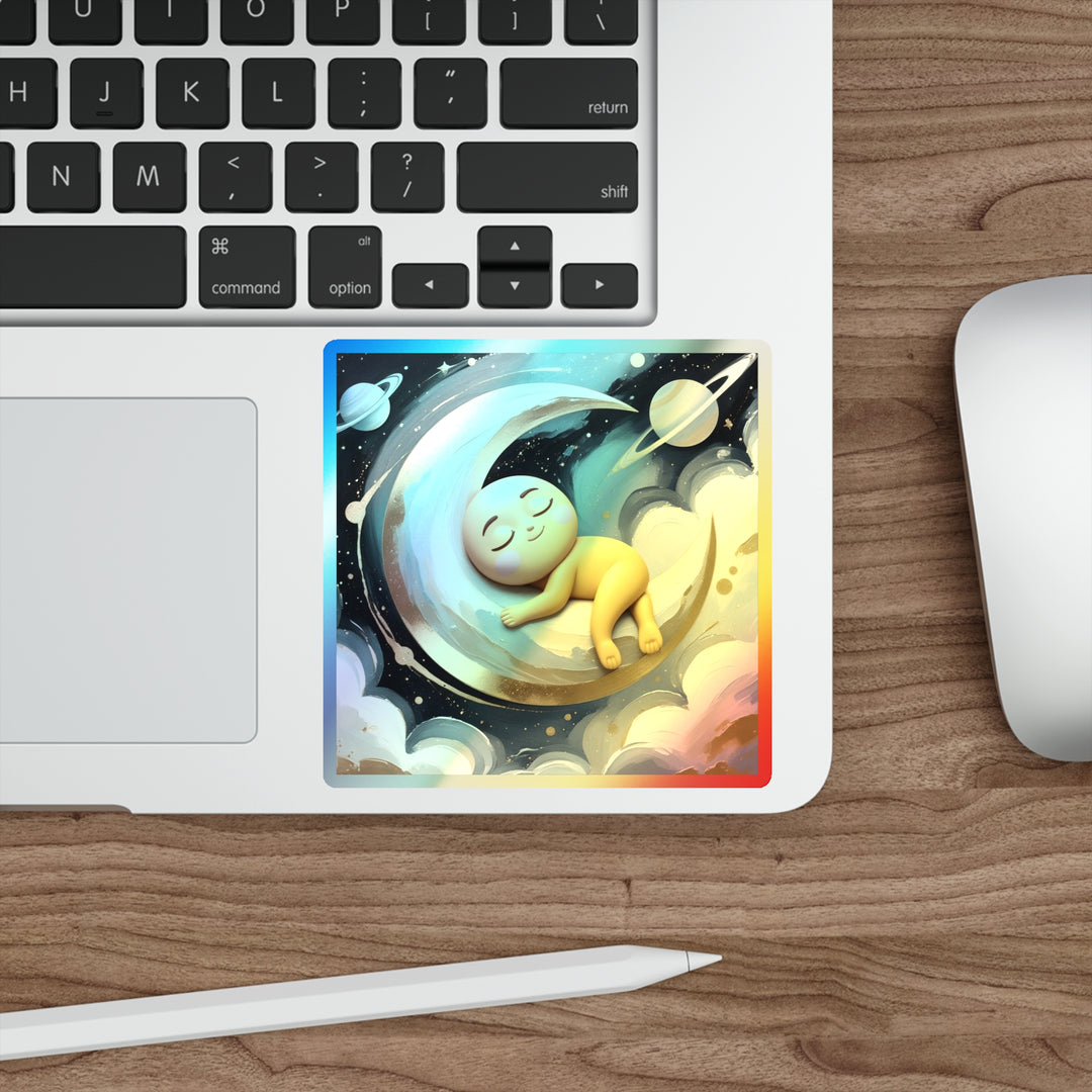 Holographic Baby Moon Sticker – Cute Celestial Die-Cut, Retro Shine!