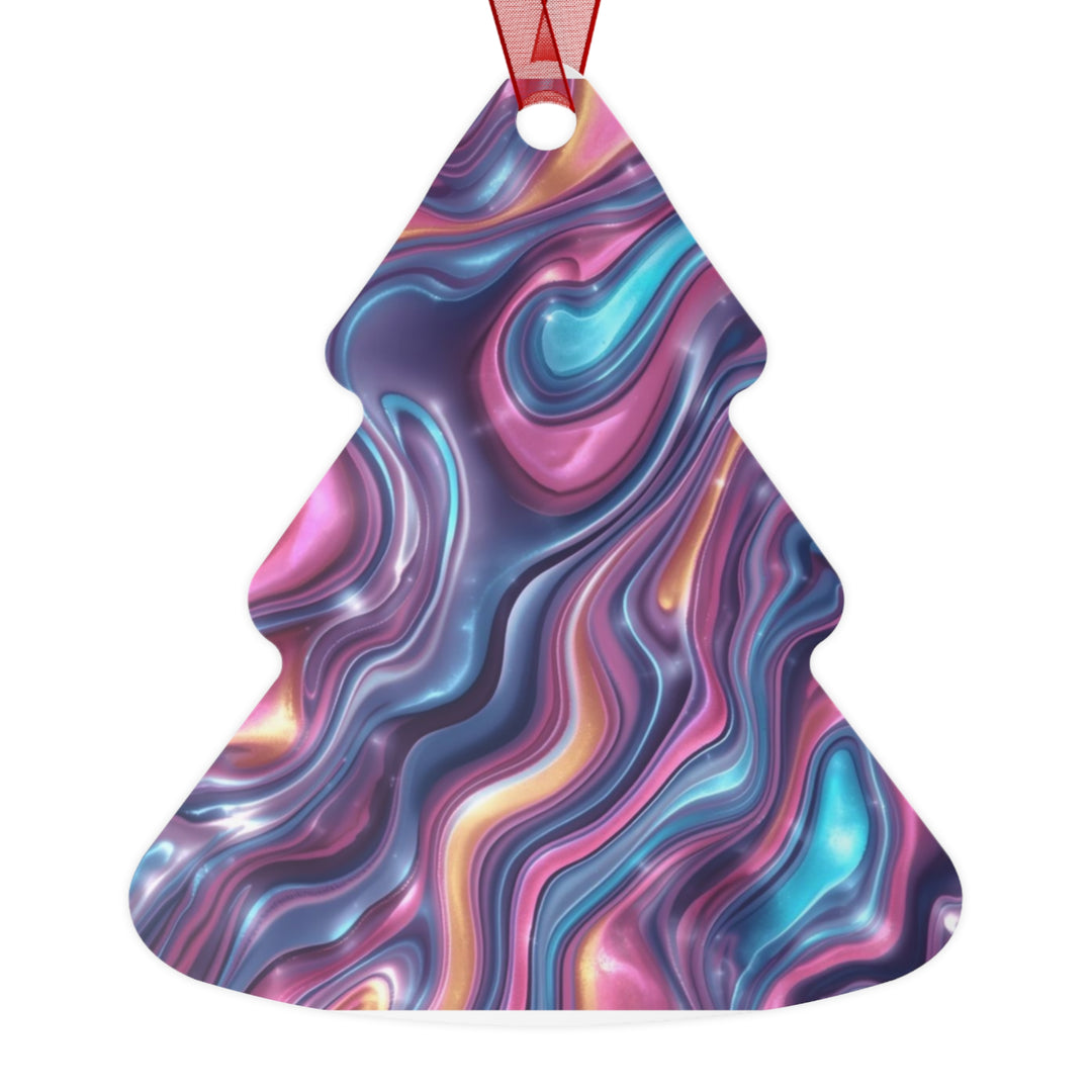 Glossy Metal Ornament – Iridescent Swirl Modern Marble Design, Customizable