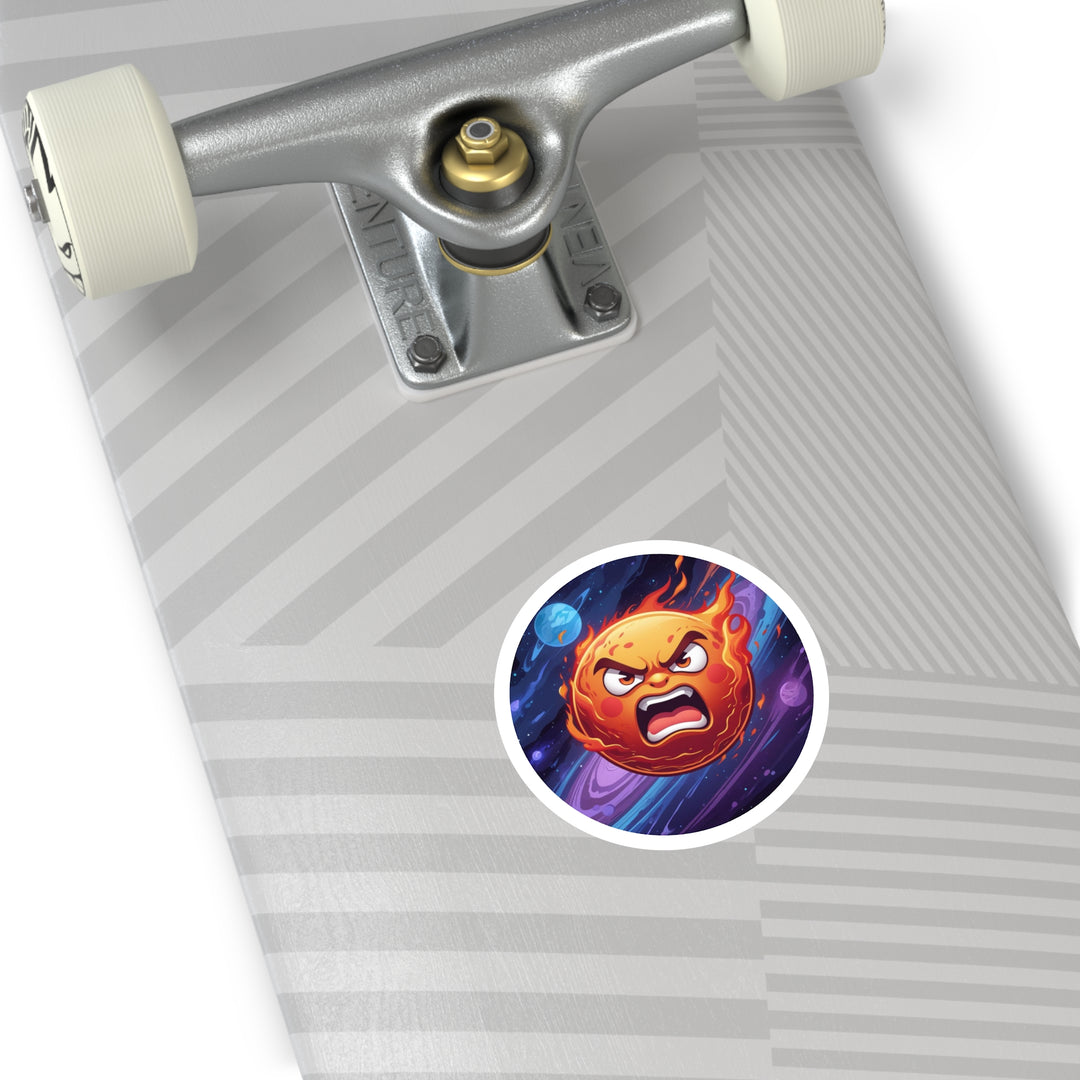 Fiery Cosmic Angry Sun Round Sticker – Durable Indoor/Outdoor Vinyl Decal