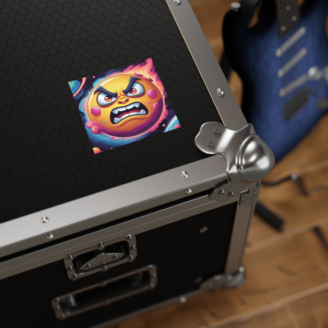 Space-Themed Square Sticker – Angry Sun Vinyl, Indoor/Outdoor, Customizable